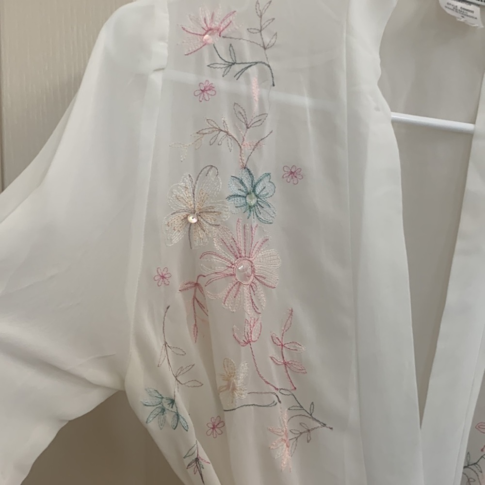 Sheer Embroidered Cream Short Robe Ruffled‎ Sleeve Size M - Picture 5 of 13